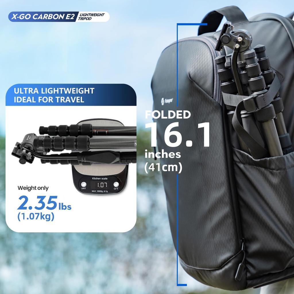 Fotopro 152cm Carbon Fiber Travel Compact Camera Tripod with Fluid Detachable Quick Release Plate and Supports up to Video Tripod for E2 Video Black