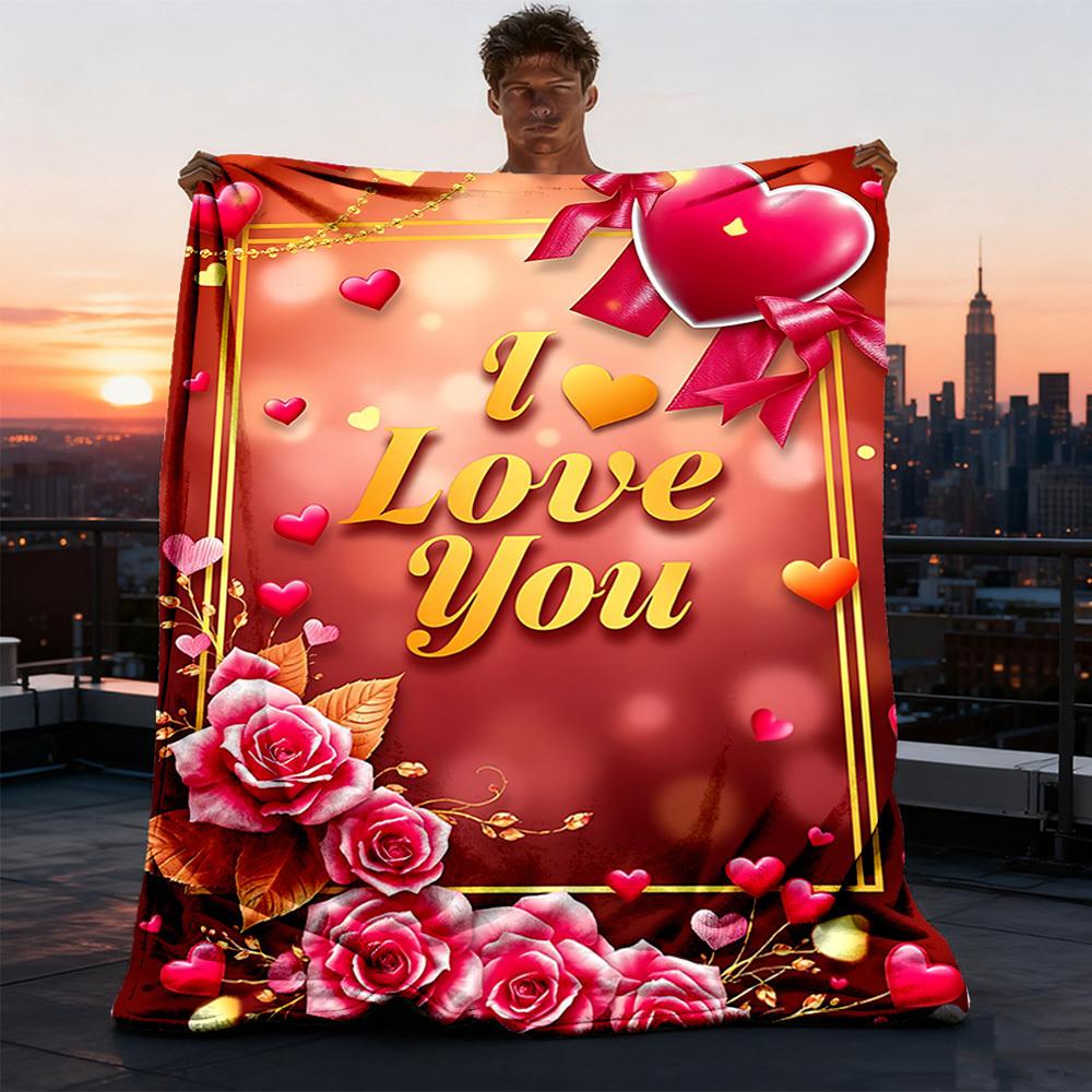 1pc Love Heart Roses Outdoor Blanket - Lightweight Flannel Throw For Travel, Camping, Livingroom, Couch, Chair yy251114202