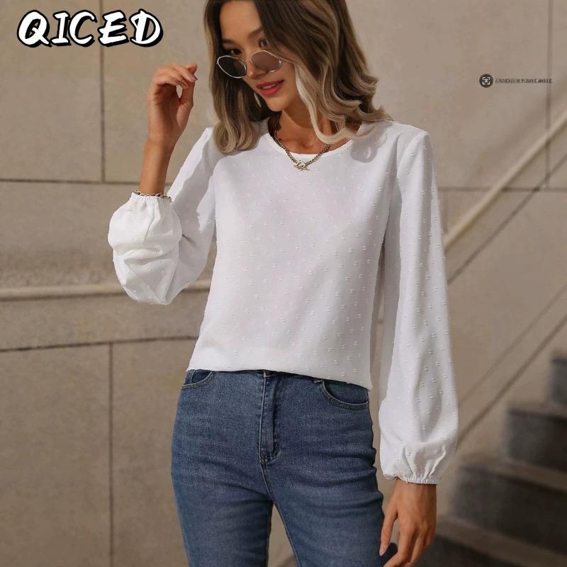QICED Women's Fashion Casual Solid Color Print O-Neck Long Sleeve Blouses & Shirts