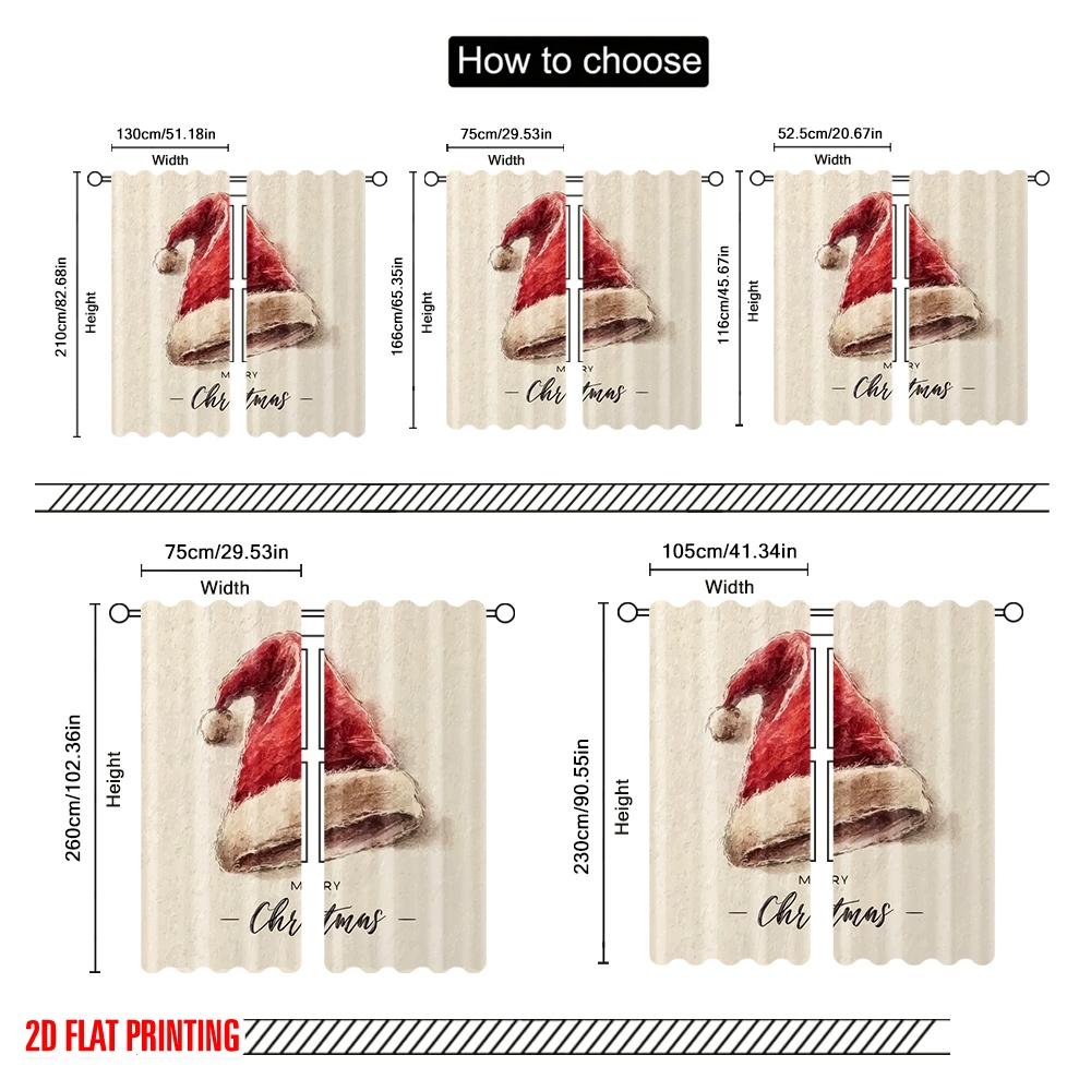 2pcs,2D Plane Printing Curtains Vintage Santa Hat Polyester (without Rod) Decorations For Home for Room, Kitchen, Study,