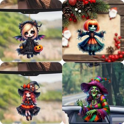 Halloween New Pumpkin Witch Pendant Magic Sweep Girl Flat 2D Rearview Mirror Decoration Pendant Keychain Pendant Set