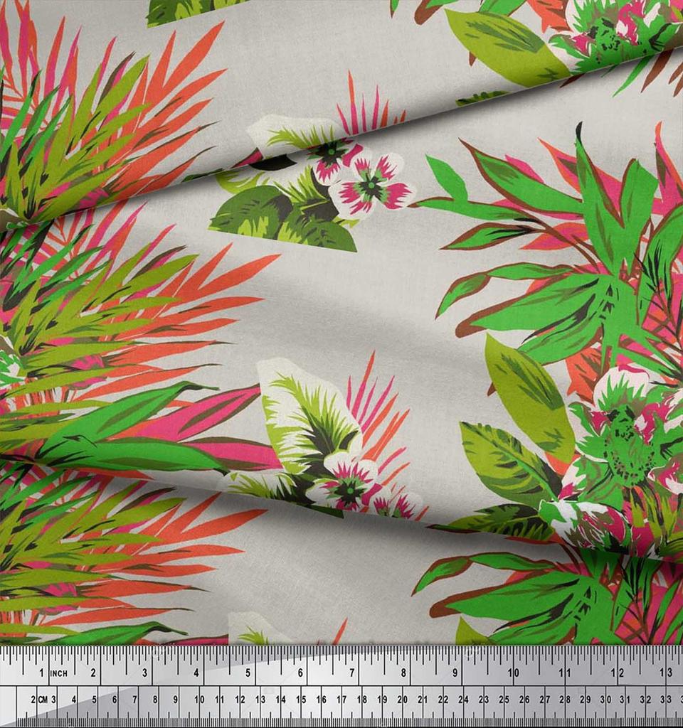 Soimoi Cotton Cambric Fabric Leaves & Lily Flower Print Sewing Fabric Metre 42 Inch