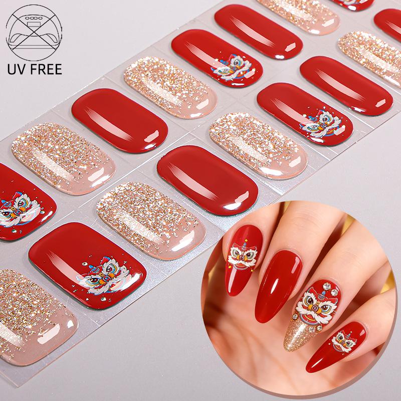 No-bake gel nail sticker waterproof Chinese wind lion explosion flash bronzing full curing gel nail sticker full sticker