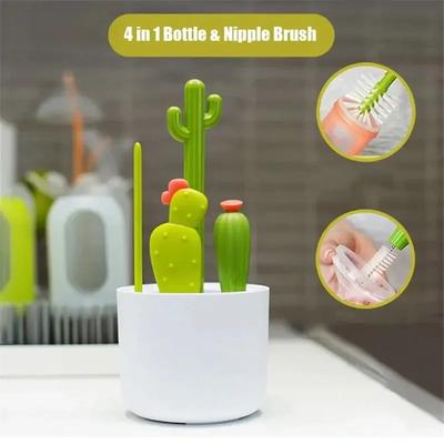 4 Piece Baby Bottle Brush Cleaning Set Cactus Baby Bottle Brush Set Long Handle Water Bottle Cleaner Home Use Cups and Straws