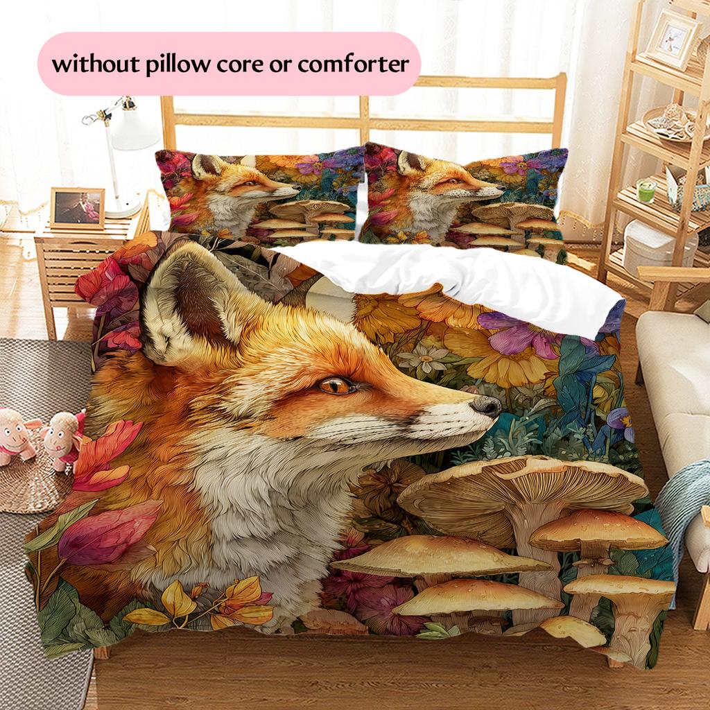 Red Fox with Mushrooms Pattern Bedding Quilt Set Home Decoration Gift (1 * duvet cover + 2 * pillowcase without core)