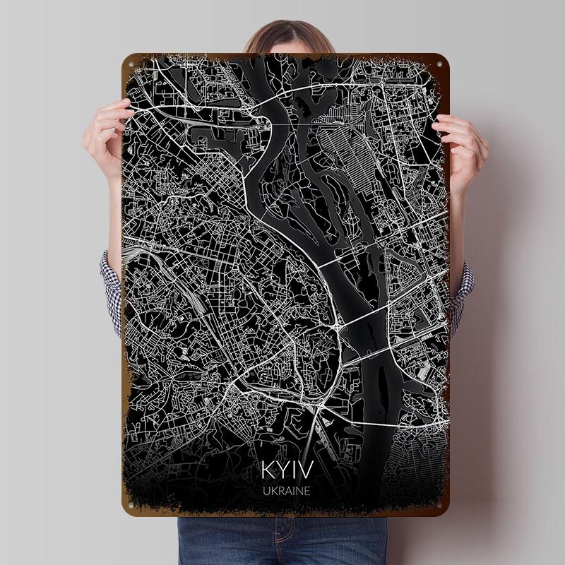 Kyiv Map Black Kiev Tinplate Posters Customizable Wall Art Retro Vintage Metal Signs for Home Room Gamer Decoration Gaming Cozy