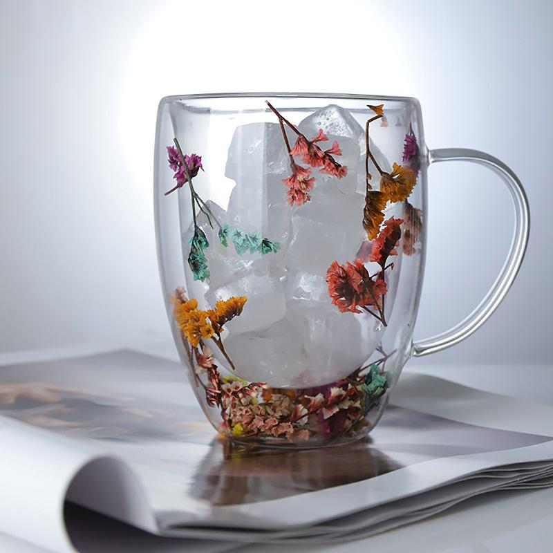 350Ml Fillings Dry Flowers Double Wall Glass Cup With Handle Heat Resistant Tea Coffee Cups Espresso Milk Mug Creative Gift