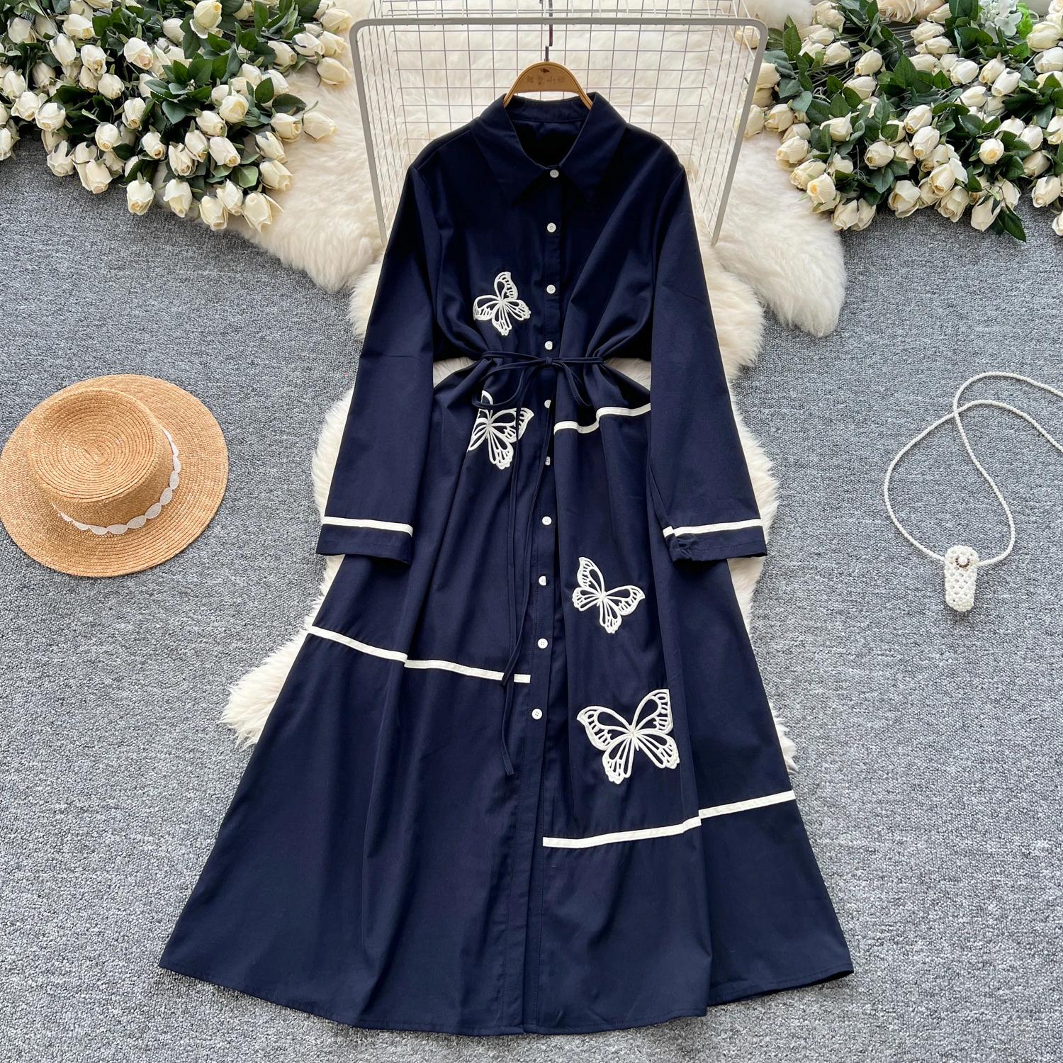 

Элегантный вышитый бабочкой воротник-поло винтажный длинный рукав однобортный тонкий А-силуэт длинное платье французская уличная одежда One Size