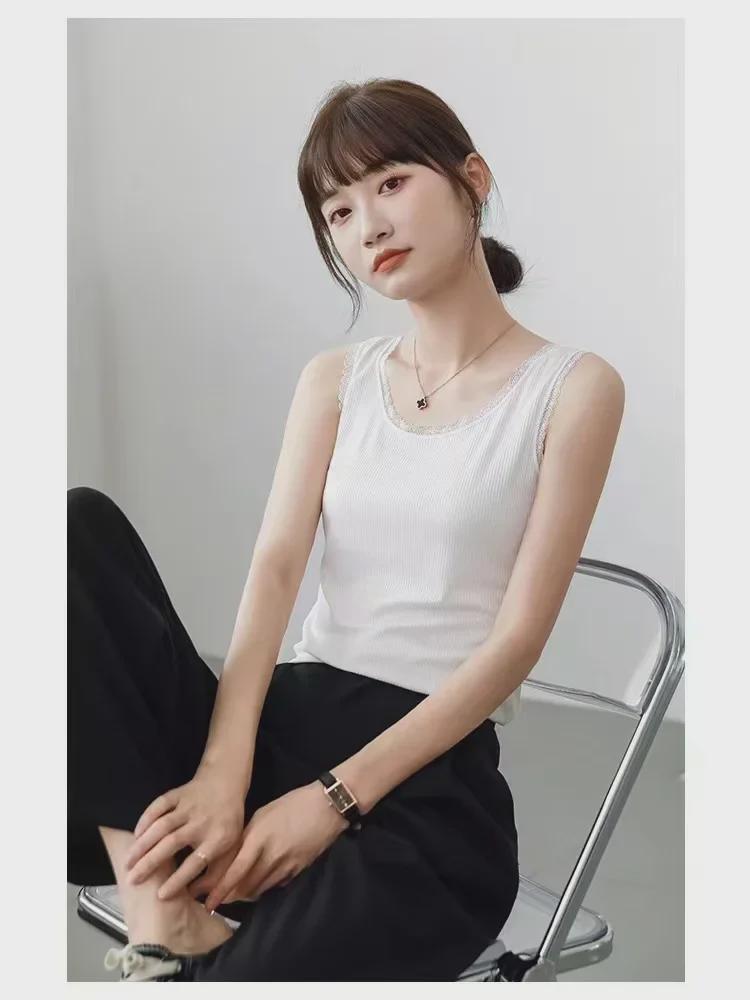Damen Modal Geripptes Tanktop mit breiten Trägern und Spitzenbesatz - Frühling/Sommer Übergröße Lockere Passform