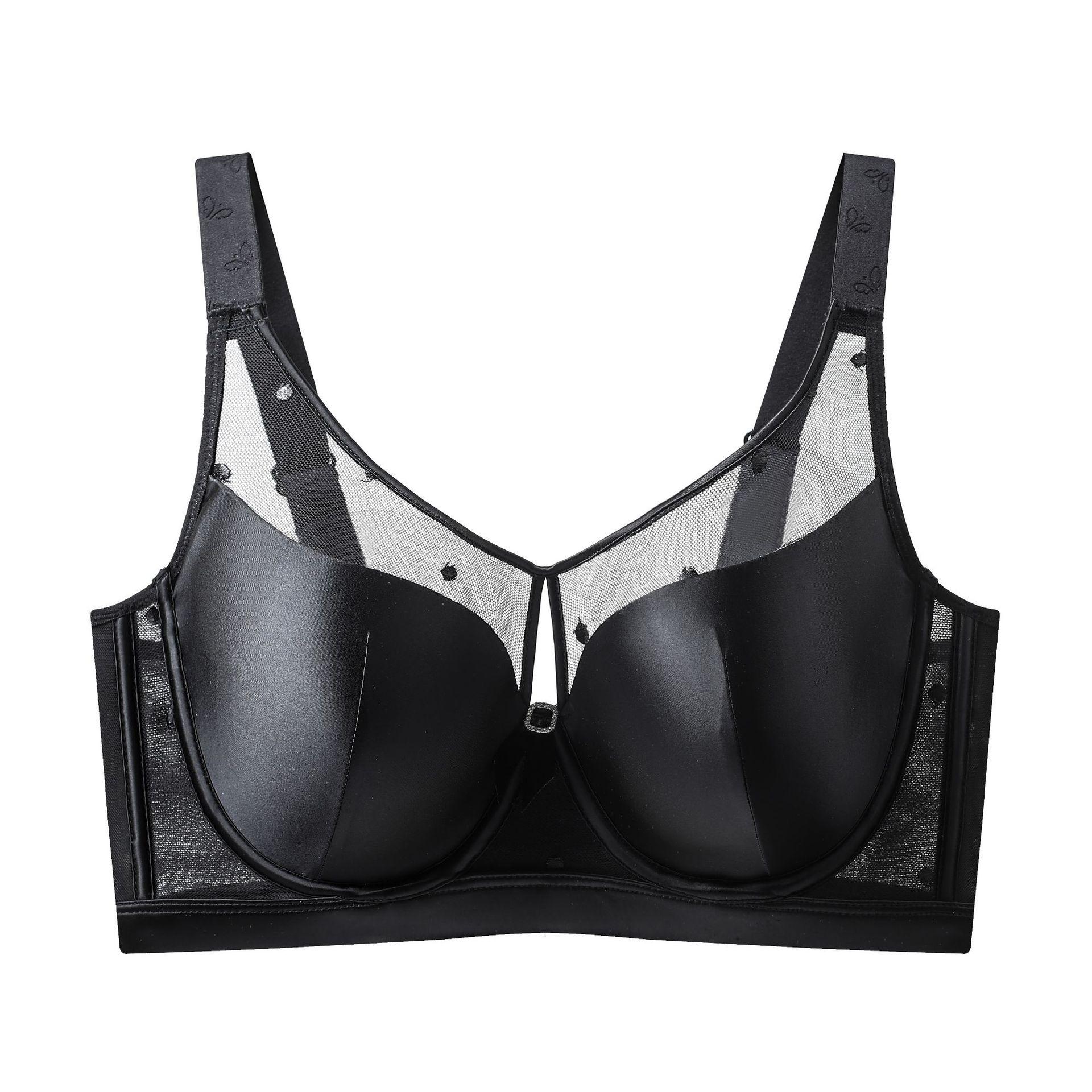 

Европейское и американское легкое нижнее белье больших размеров, шелковисто-глянцевая ткань в сочетании, сексуальный собирающий дышащий бюстгальтер 34/75CDE чёрный