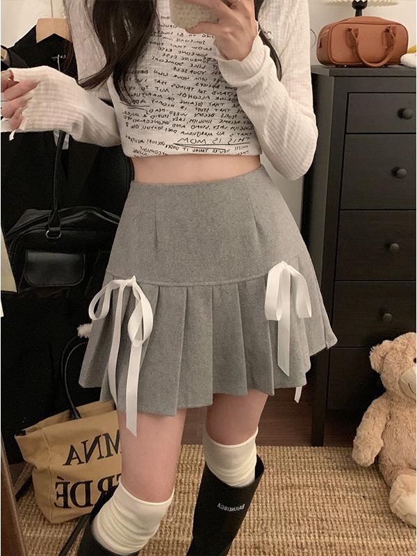 

Plus Size Women s Academy Style Bow Tie High Waist A-Line Pleated Wool Skirt 3XL (Recommended for 160-180 jin) светло-серый