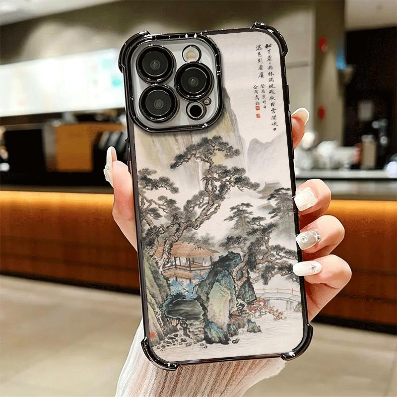 Chinese Style Ink Painting Art Soft Phone Case For iPhone 15 16 17 Air 14 Pro Max 16E Plus 13 12 Mini Plating Anti-Fall Fundas