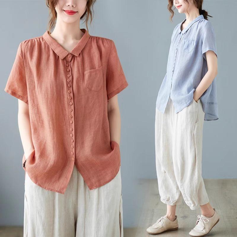 

Women s Clothing Korean Style Chiffon Shirt Short Sleeve Loose Fit Vintage Print Summer V-Neck Trendy New XXL помаранчевий