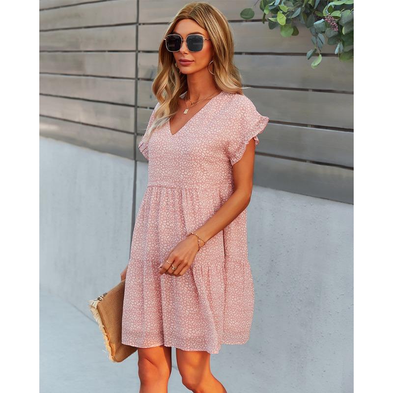 Women's Fashion Summer Spring Flower Pattern Print Short Sleeve V-Neck Loose Waistline Casual Dresses