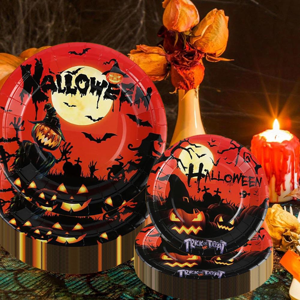 1/2set Disposable Tableware Halloween Theme Party Birthday Decorations Paper Cup Fork Knife 7/9 Inch Paper Tray Spoon Each 10pcs