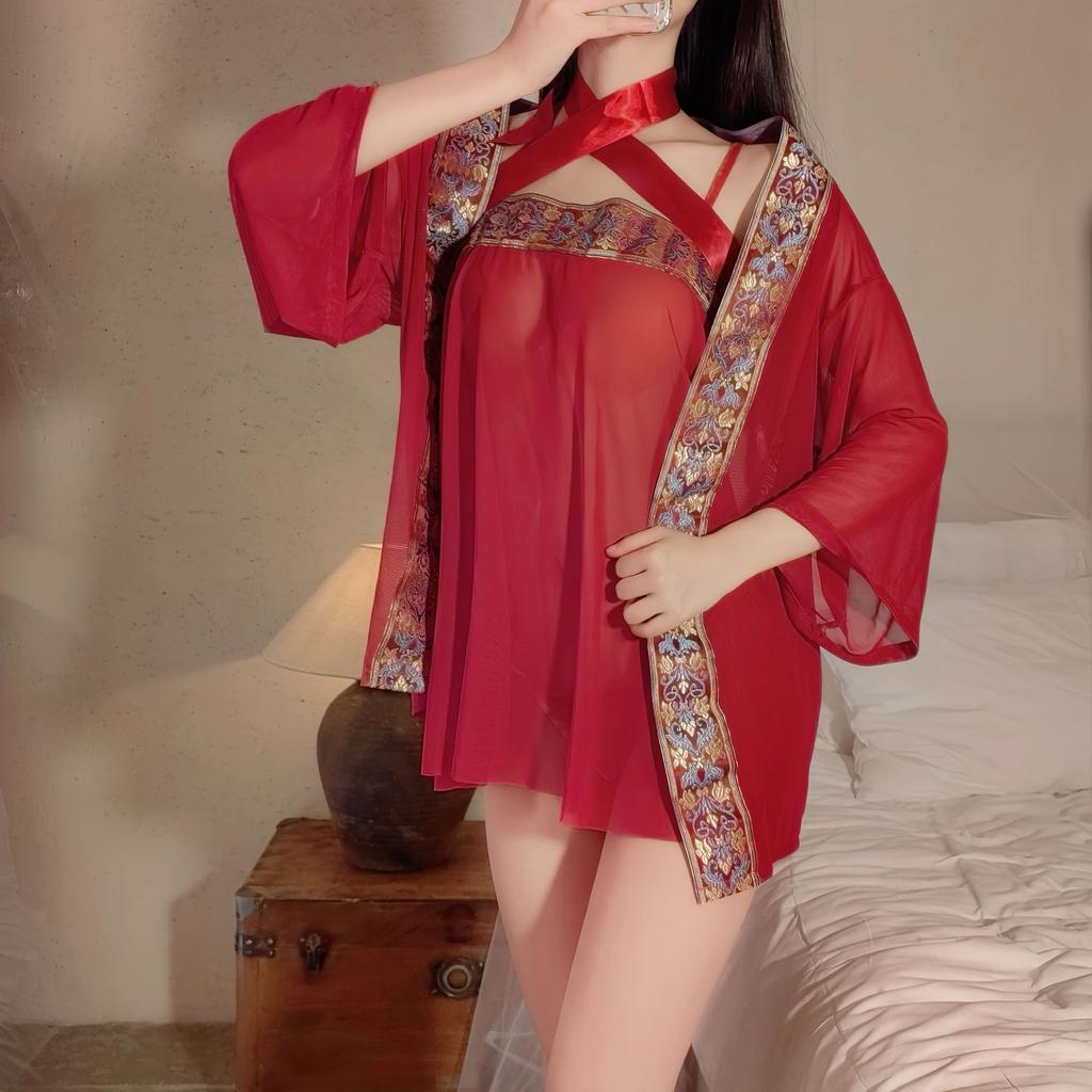 Large Size Sexy Antique Hanfu Exotic Antique Sexy Underwear Uniform Perspective Mesh Sling Free Nightdress