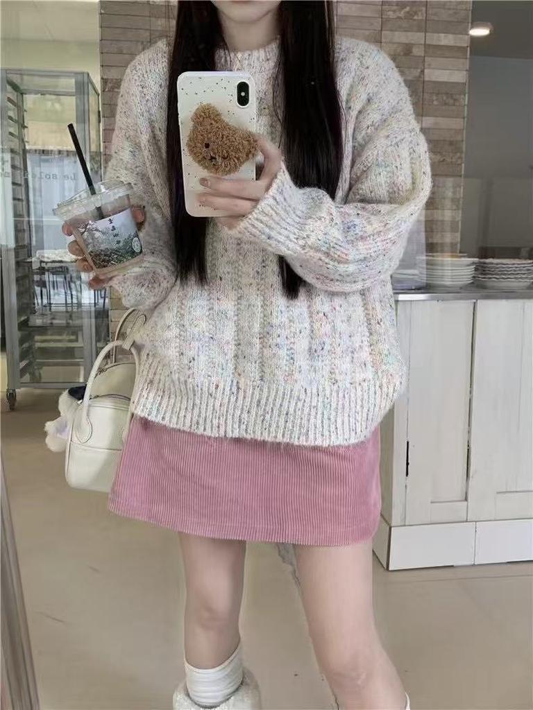 Autumn and winter new lazy wind round neck color thread mixed color knitted sweater loose soft waxy thin pullover sweater women