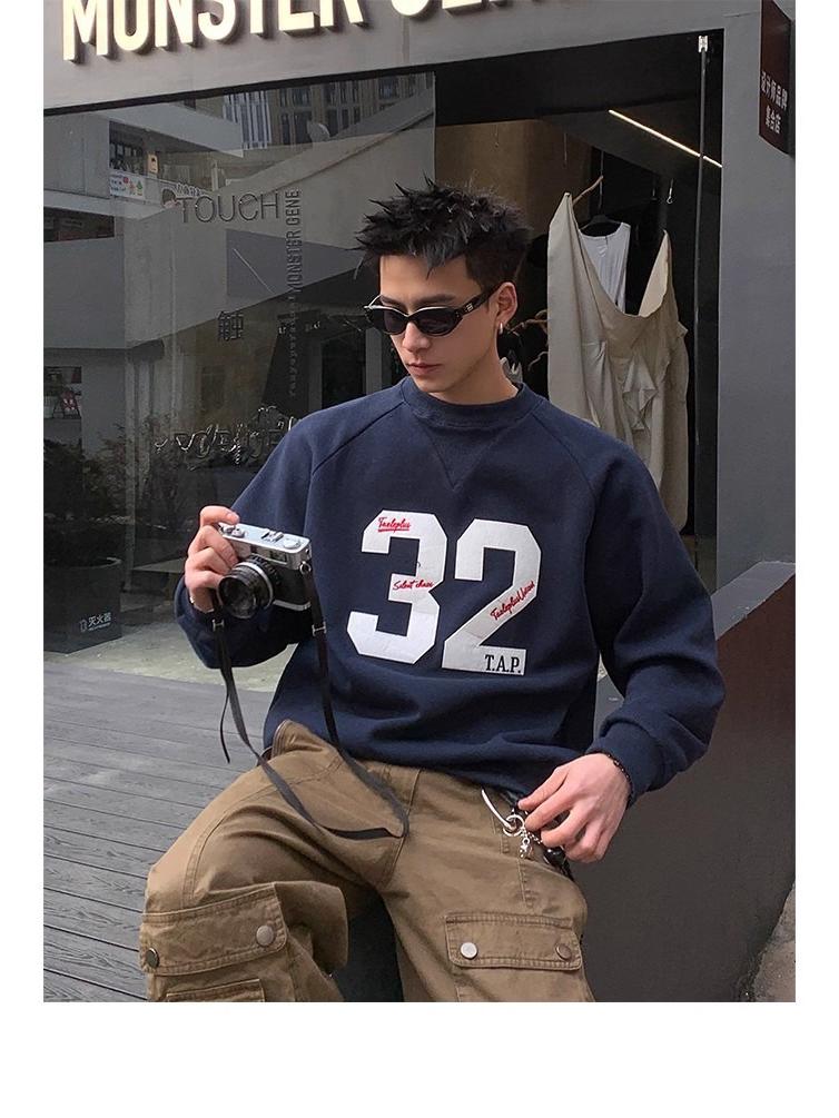 Men's Retro Number Patchwork Embroidered Sports Hoodie - Loose Fit, Round Neck, Versatile for Spring & Autumn