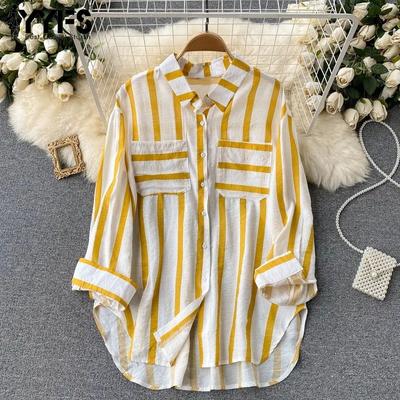 Camicette e camicie a maniche lunghe con scollo a V e stampa a righe, casual, primaverili ed autunnali da donna