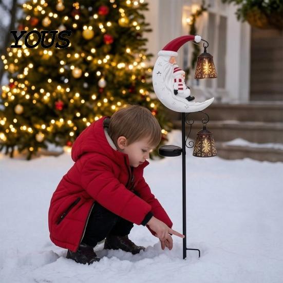 Holiday Bell Hanging Garden Ornaments Solar Christmas Light, Santa Crescent Snowman Decorative Light with Stake, Seasonal Lawn Decorations Waterproof