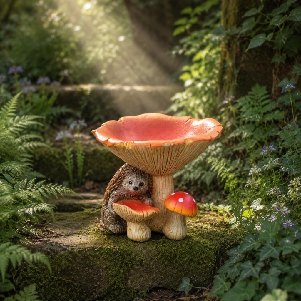 Hedgehog Mushroom Bird Feeder Ornament Resin Decorative Sculpture for Outdoor Garden Yard Patio Lawn Decor Statue