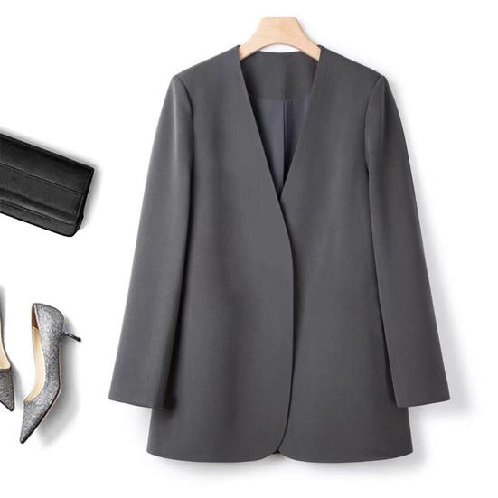 Women Suit Coat Collarless Long Sleeve Solid Color Casual Coat Loose Fit No Buttons Cardigan Style Outerwear Work Wear