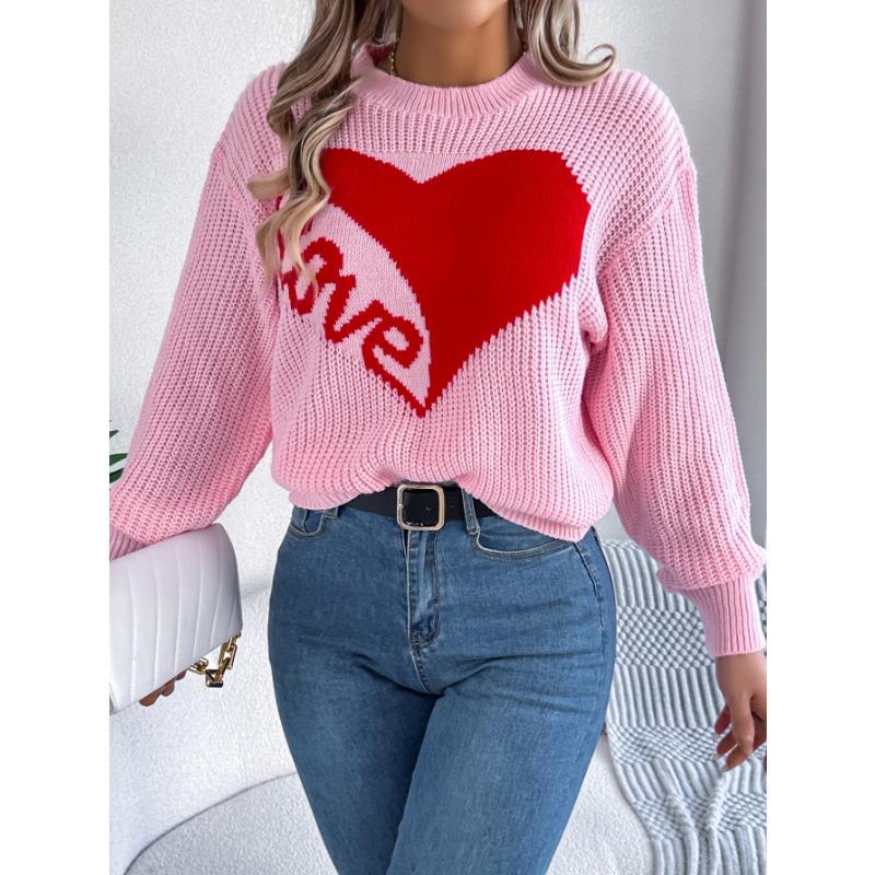 Autumn and Winter Women's Casual Valentine's Day Clash of Colours Love Long Sleeve Pullover Sweater
