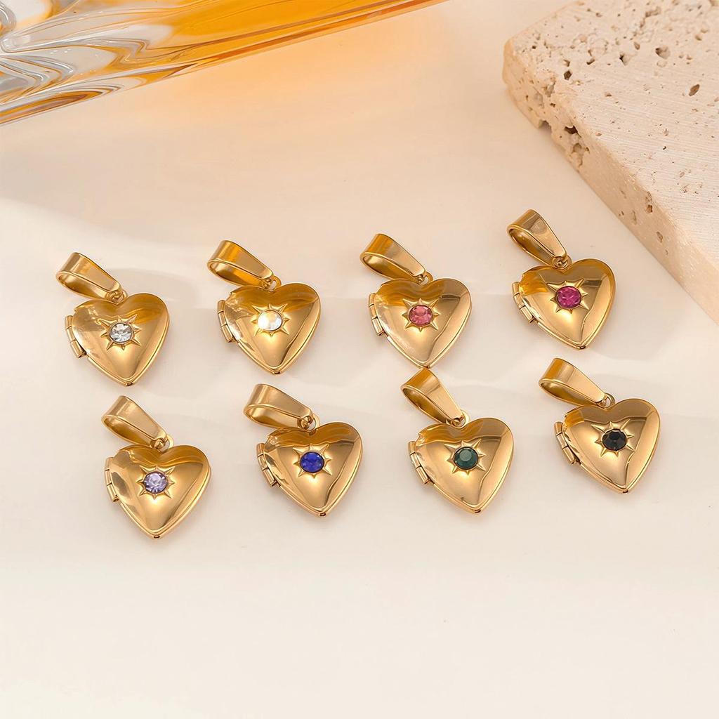 18K Gold-Plated Zirconia Heart Necklace Pendant with Birthstone, Stainless Steel, European & American Simple Design.
