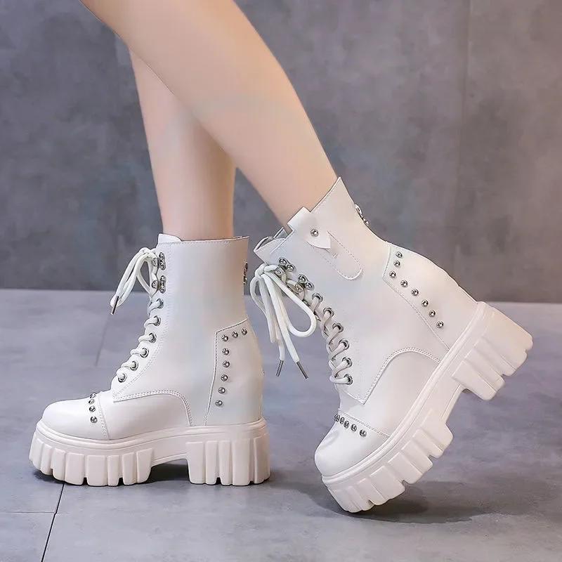 Fashion Women's High Platform Motorcycles Boots Winter 10CM Wedge Heels Mid-calf Boots Female Chunky Sneakers Autumn Leather Shoes Woman