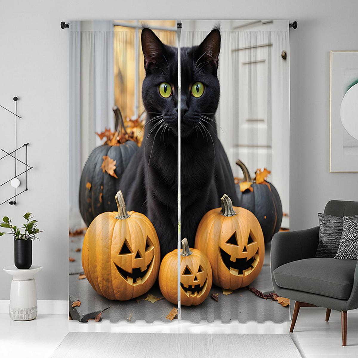 

Комплект из 2 предметов HD Хэллоуин Черная кошка тыква декоративная занавеска Черная галстук цифровая печать занавеска Домашнее украшение стиль Украсить l W52H63inchW132H160cm