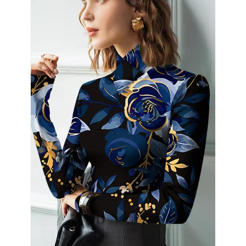 Women's elegant all-over black and blue flower print crossover pullover long-sleeved top