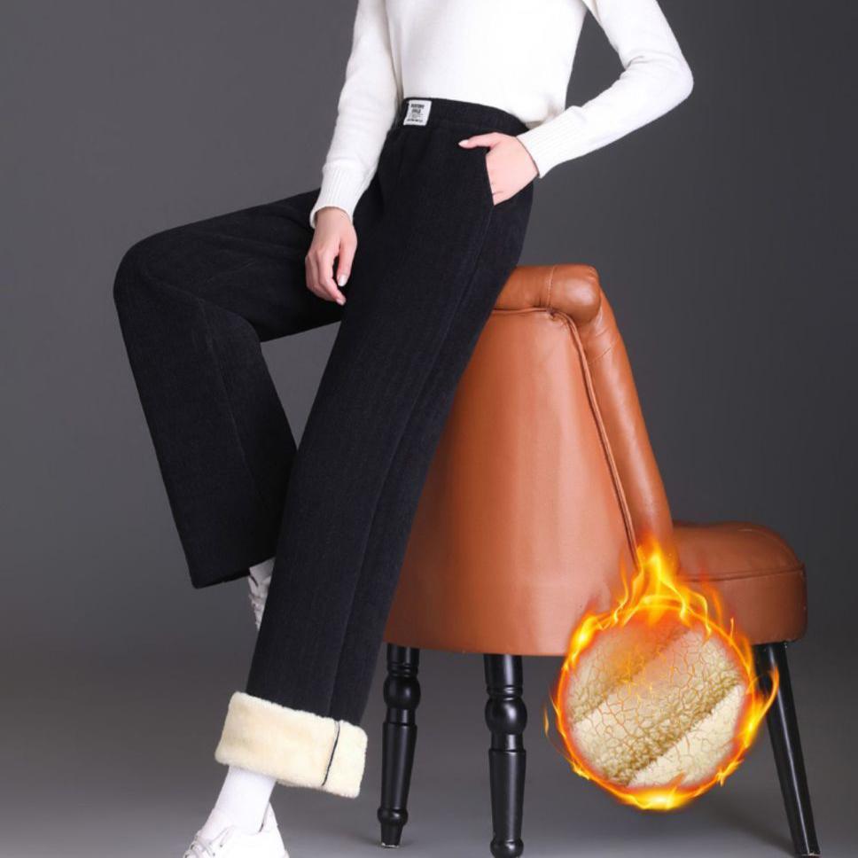 Fleece Lined Winter Wide Leg Pants Thicken Womens Straight Pantalones Baggy Warm Lambswool Sweatpants High Waist Casual
