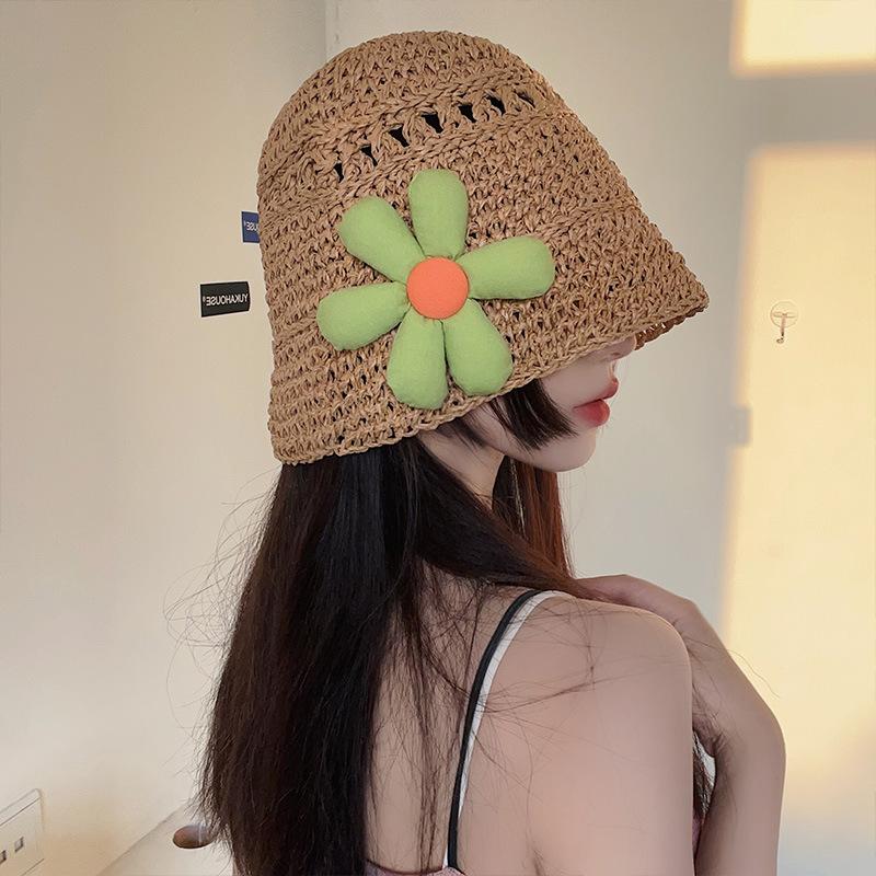 New Short Brim Sun Hat Women's Summer Handmade Straw Hat Sunscreen Small Flowers Cute Bucket Hat Tide