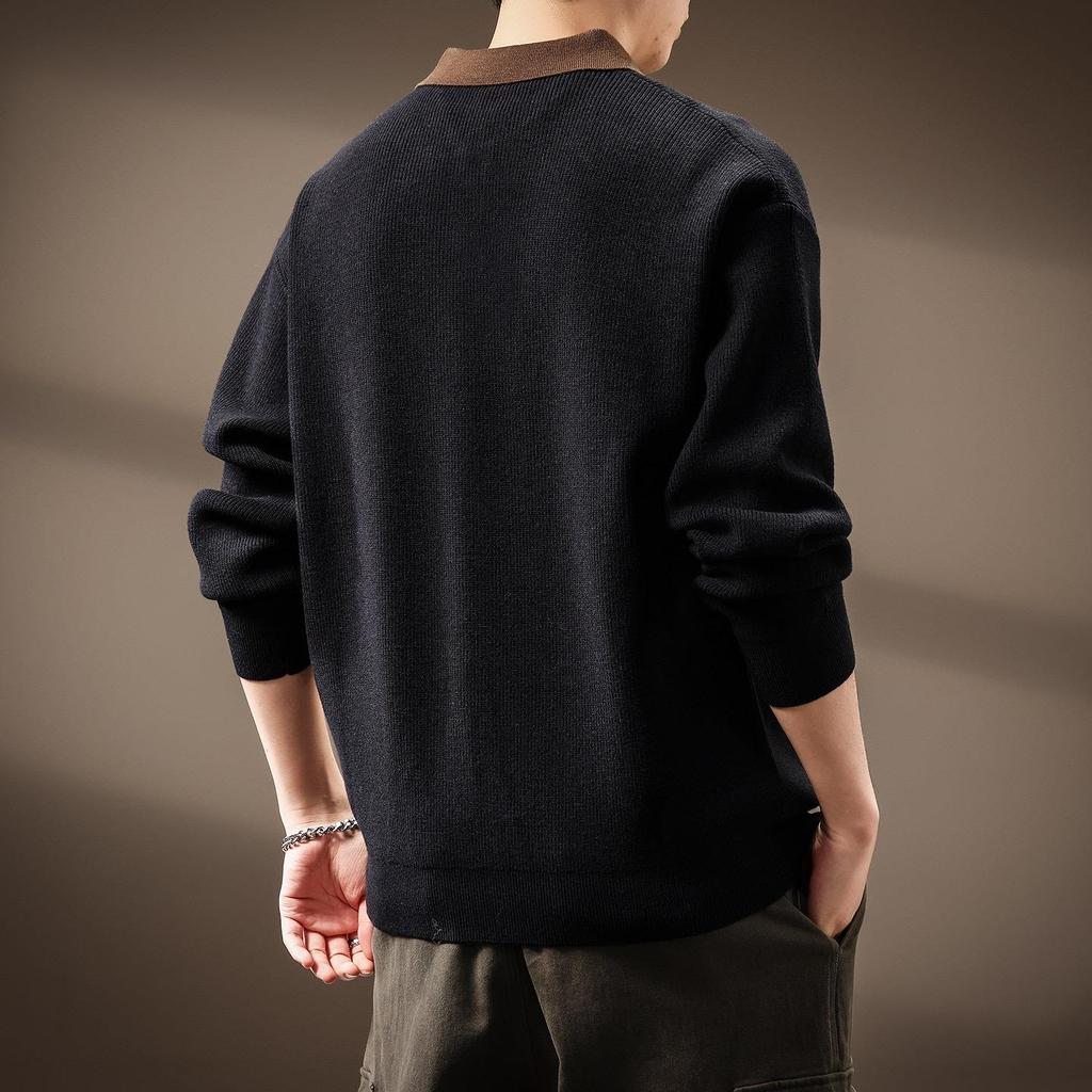 Men's High-End Heavyweight Cotton Color Block Polo Sweater - 2025 Spring/Autumn Collection