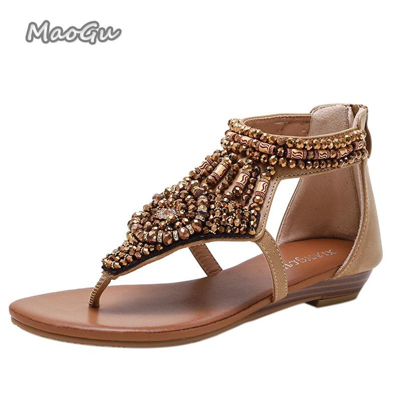 

Fashion 2025 Summer Women Beach Holiday Bohemian Crystal Slandals Fashion Bead Rhinestone Gladiator Non-slip Sandals Sandalias De Mujer 40 абрикосовый