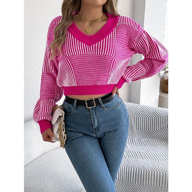 Lässiger Pullover mit gestreiften Laternenärmeln für Damen im Herbst und Winter
