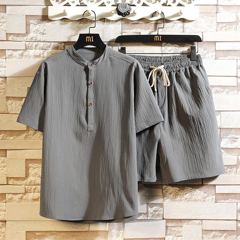 Men's Stand Collar Retro Short Sleeve T-shirt & Shorts Set, Solid Color National Style, 2022.