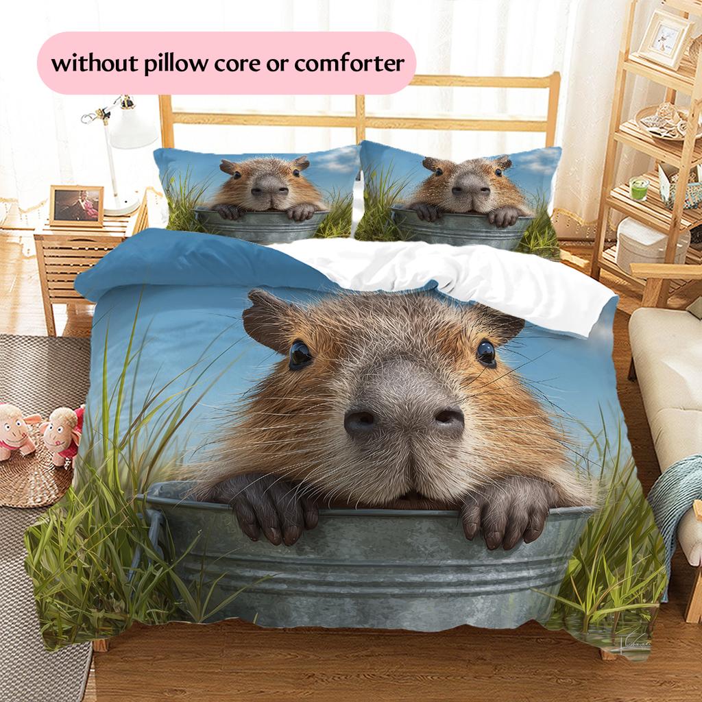 Capybara und Grasland Muster Bettwäsche Heimdekoration Geburtstagsgeschenk (1 Bettbezug + 2 Kissenbezüge, ohne Füllung)