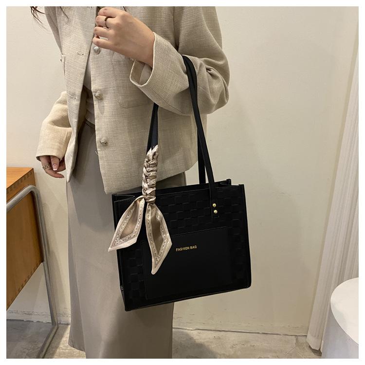 Elegant Silk Scarf Decorated Tote Bag Women Fashion Commuter Shoulder Handbag Soft Faux Leather Work Bag