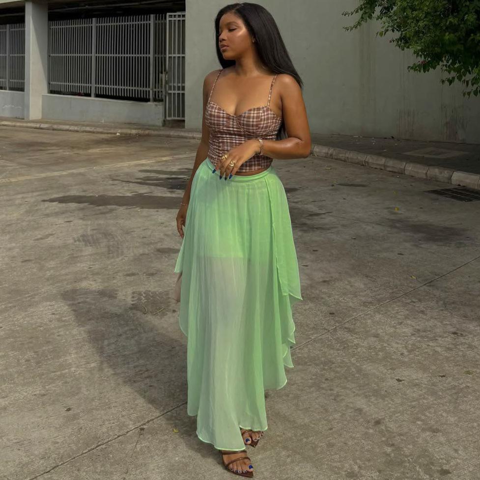 European and American Women's Clothing Retro Plaid Slim-fit Suspender Tube Top African Foreign Irregular Mesh Skirt Set