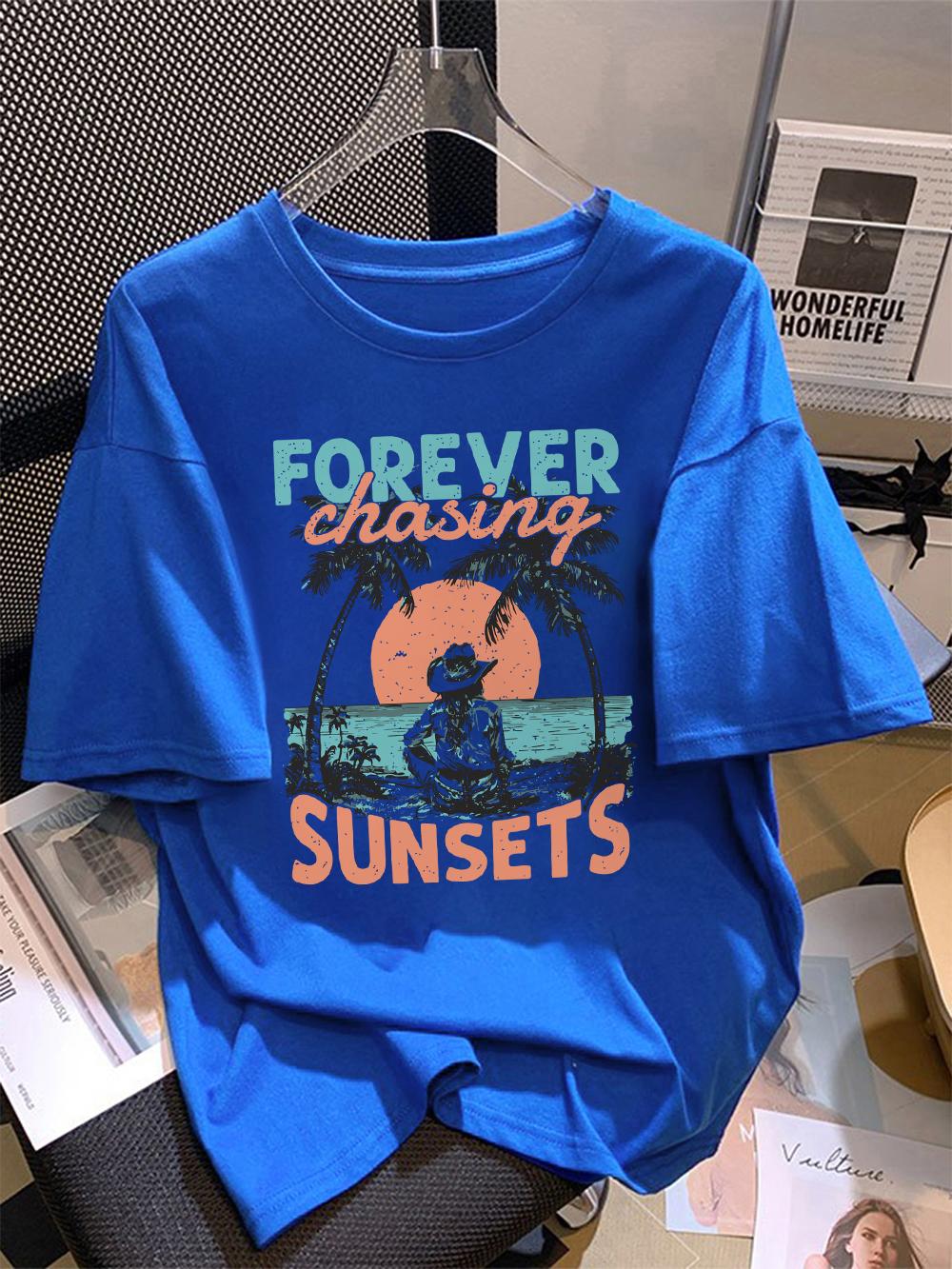 Summer T-Shirts Cotton Womens Forever Chasing Sunsets Cowgirl Printing Short Sleeve Comfortable Soft O-Neck Tops Basic Clothes S