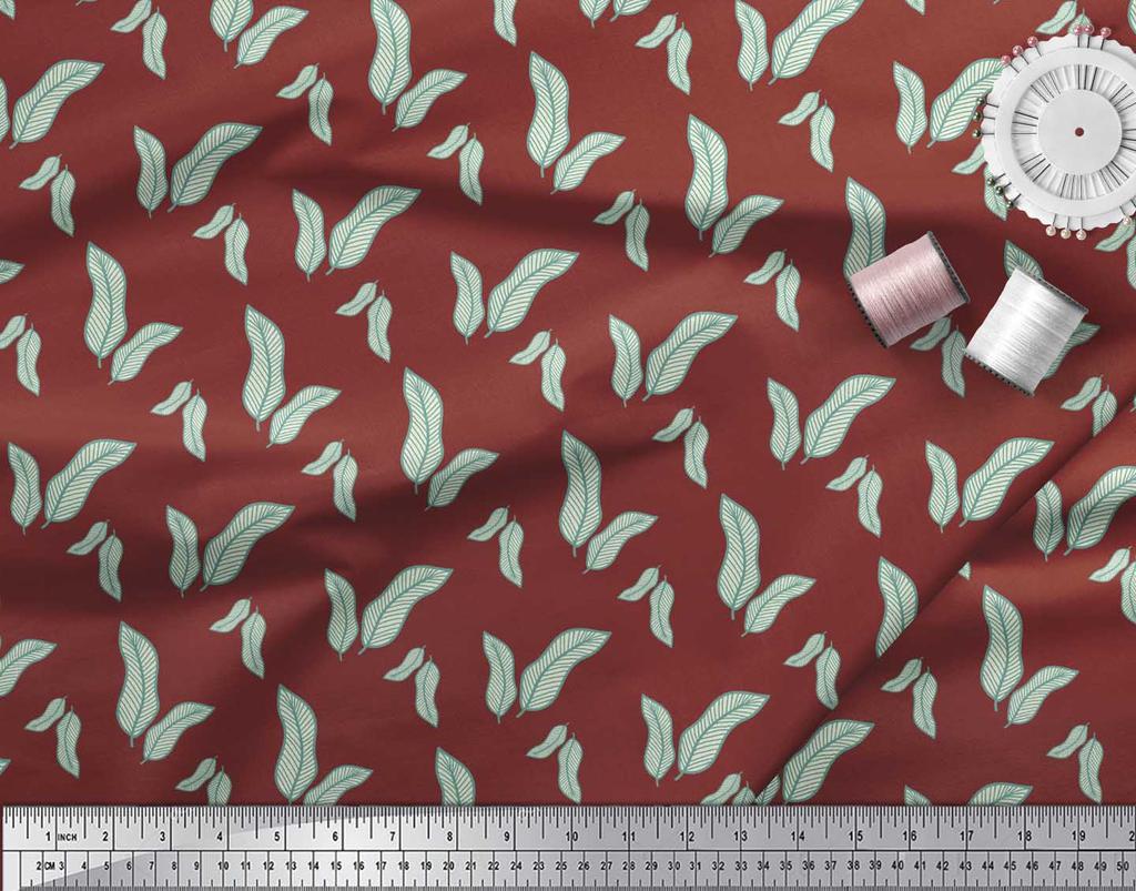 Soimoi Red Japan Crepe Satin Fabric Artistic Banana Leaves Printed Craft Fabric by the Metre 42 Inch