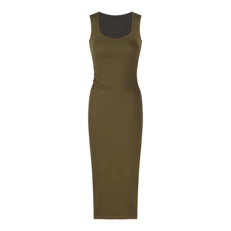 Olive green square neck vest dress women's summer waist temperament thin tight skirt medium and long hip skirt