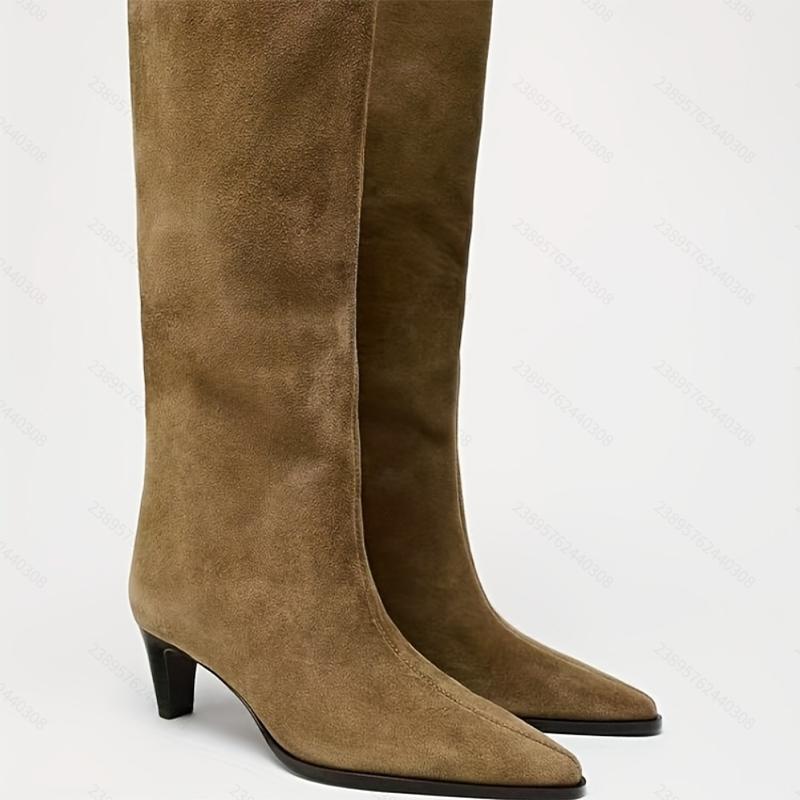 2026 New High Heels Women's High Boots Fashion Dress Pointed Toe Shoes Luxury Knee High Winter Botas Suede Mujer Chelsea Boots