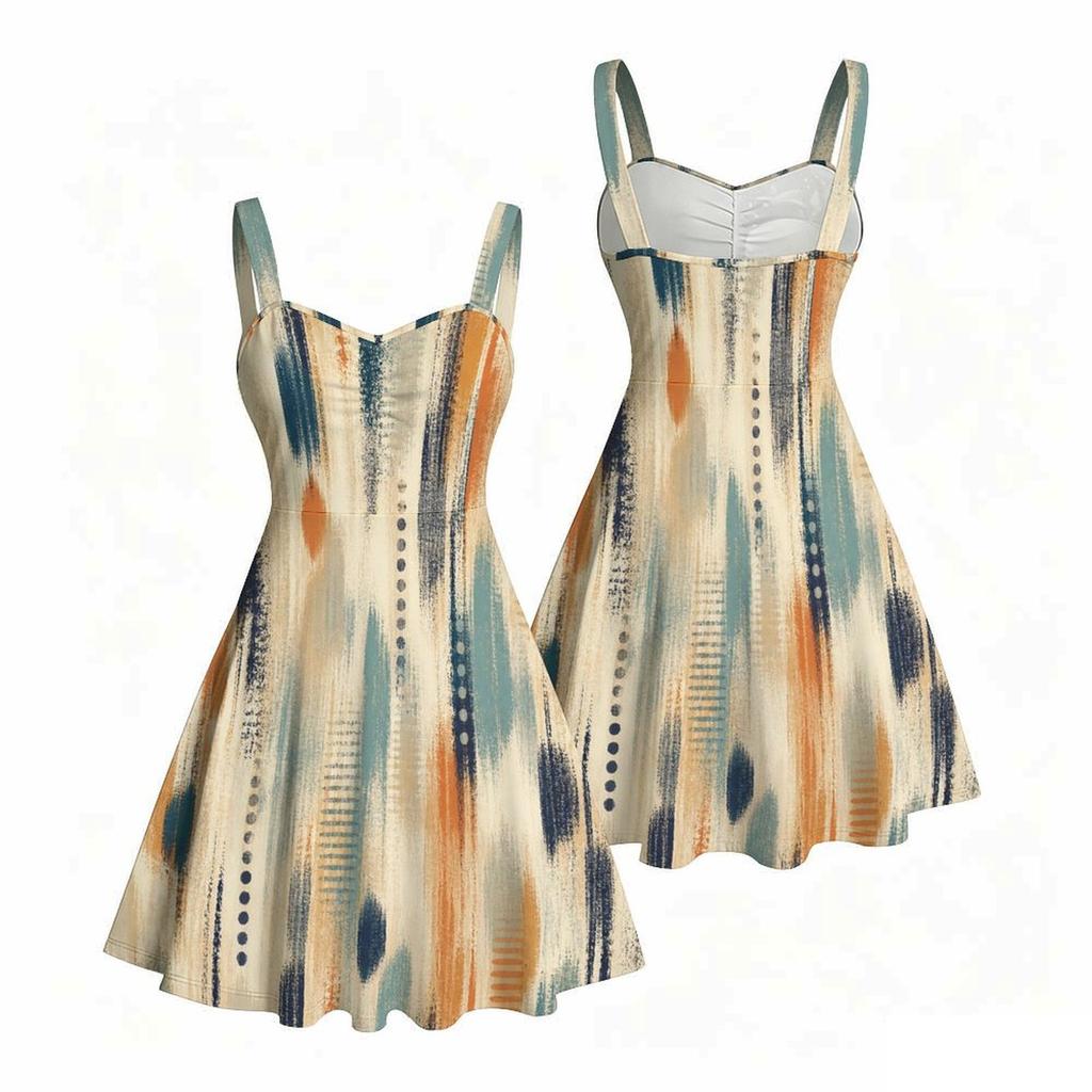 Women S Plus Size Off Shoulder Square Neck Strappy Sleeveless Printed Flared Dress