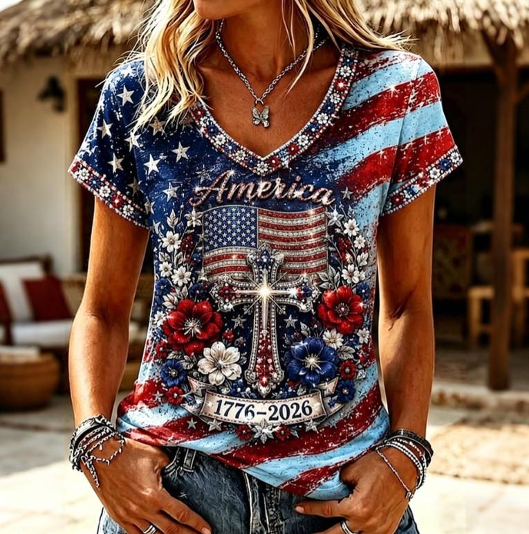 European and American Style Women's Clothing Casual V-neck Short-sleeved T-shirt D Digital Printing Source Wholesale