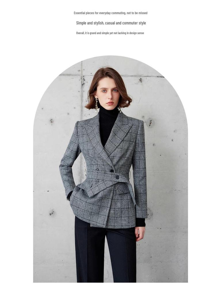Luxurious British Style Dark Plaid Suit: Women's Jacket & Straight-Leg Pants Two-Piece Set for Autumn/Winter.