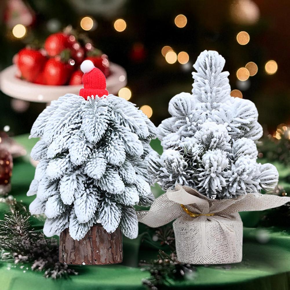 Holiday Decor Small Flocked Mini Christmas Tree with Wooden Stand for Holiday Tabletop Decoration Festive Party Supplies