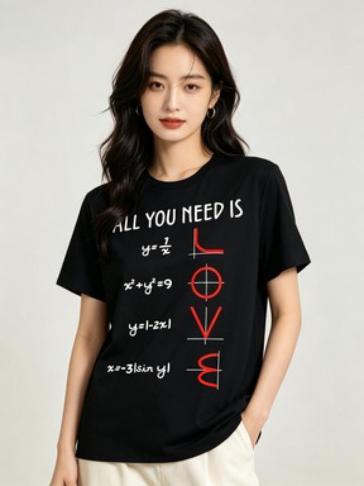 RoUnisextic Math Equation LOVE Print TShirt Casual All Match Short Sleeve Top for Unisex and Unisex Korean Style Fashion Black