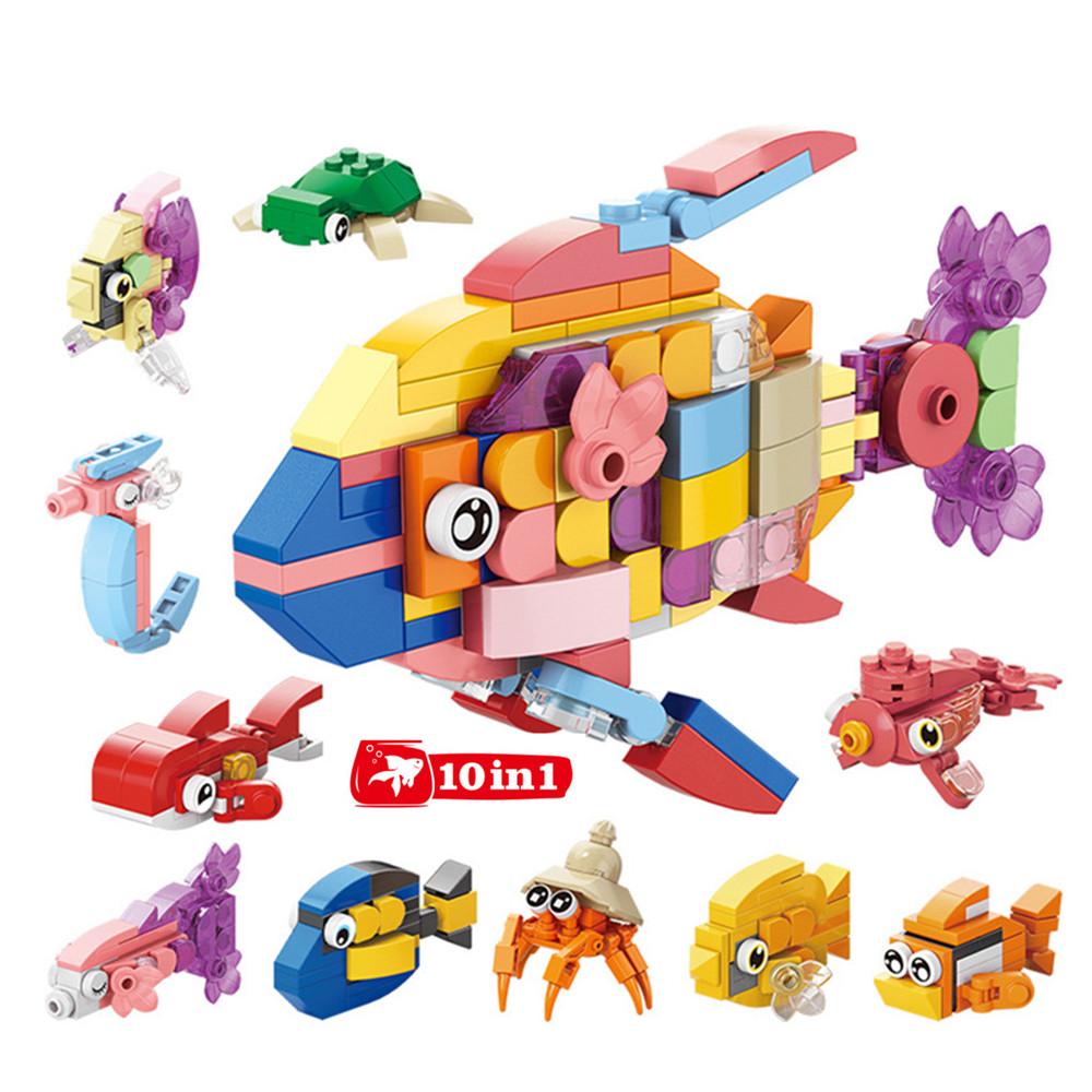 Animals World Insect Fish Bird Dog Elephant Panda Giraffe Honeybee 10 In 1 Building Blocks Kit Bricks Model Kids Toy Children